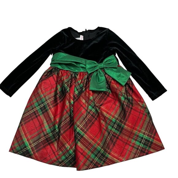 Bonnie Jean Holiday Dress Girls 2T Black Velvet Plaid Taffeta Green Glitter Bow - Picture 1 of 7